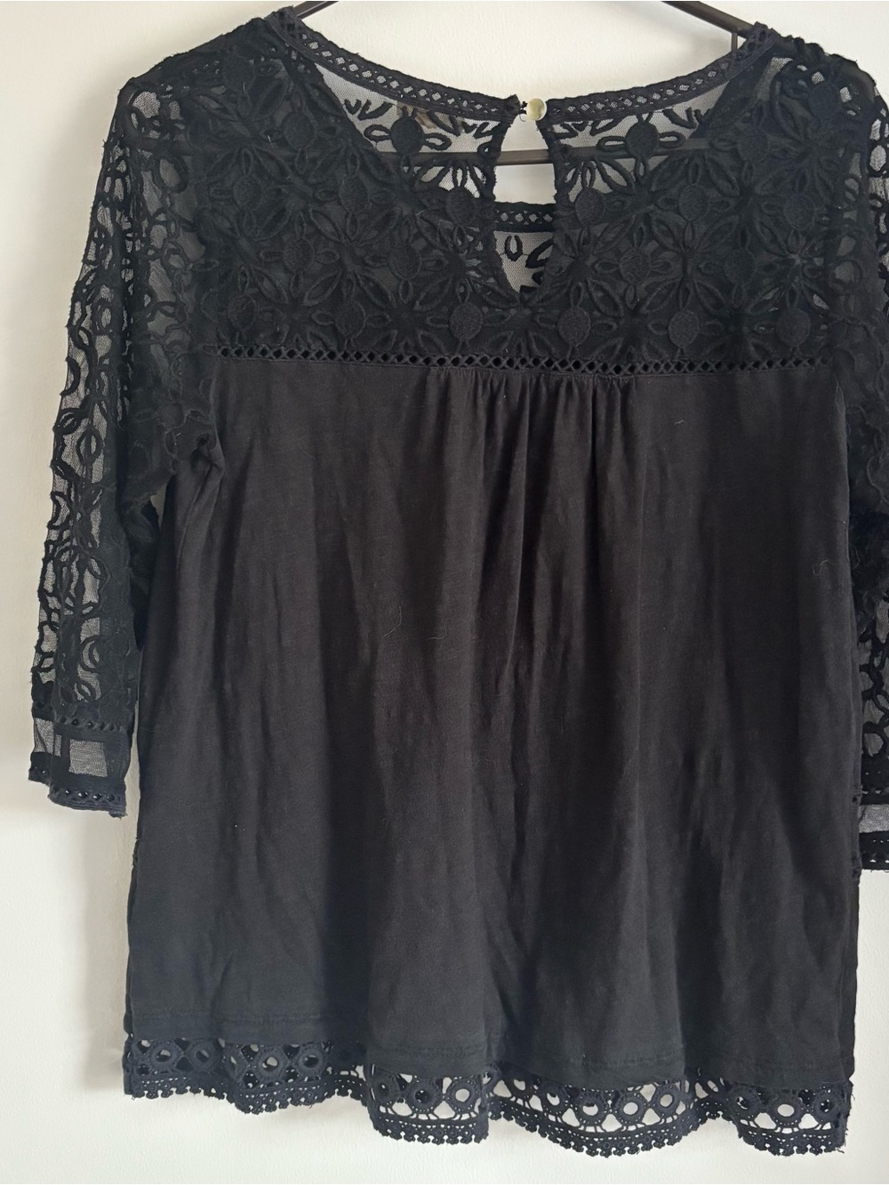 Anthropologie Black Lace Yoke 3/4 Sleeve Blouse